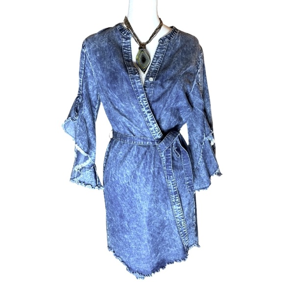Given Kale Acid Washed 90s Look Ruffle Bell Sleeve Denim Wrap Belted Dress - Picture 1 of 6